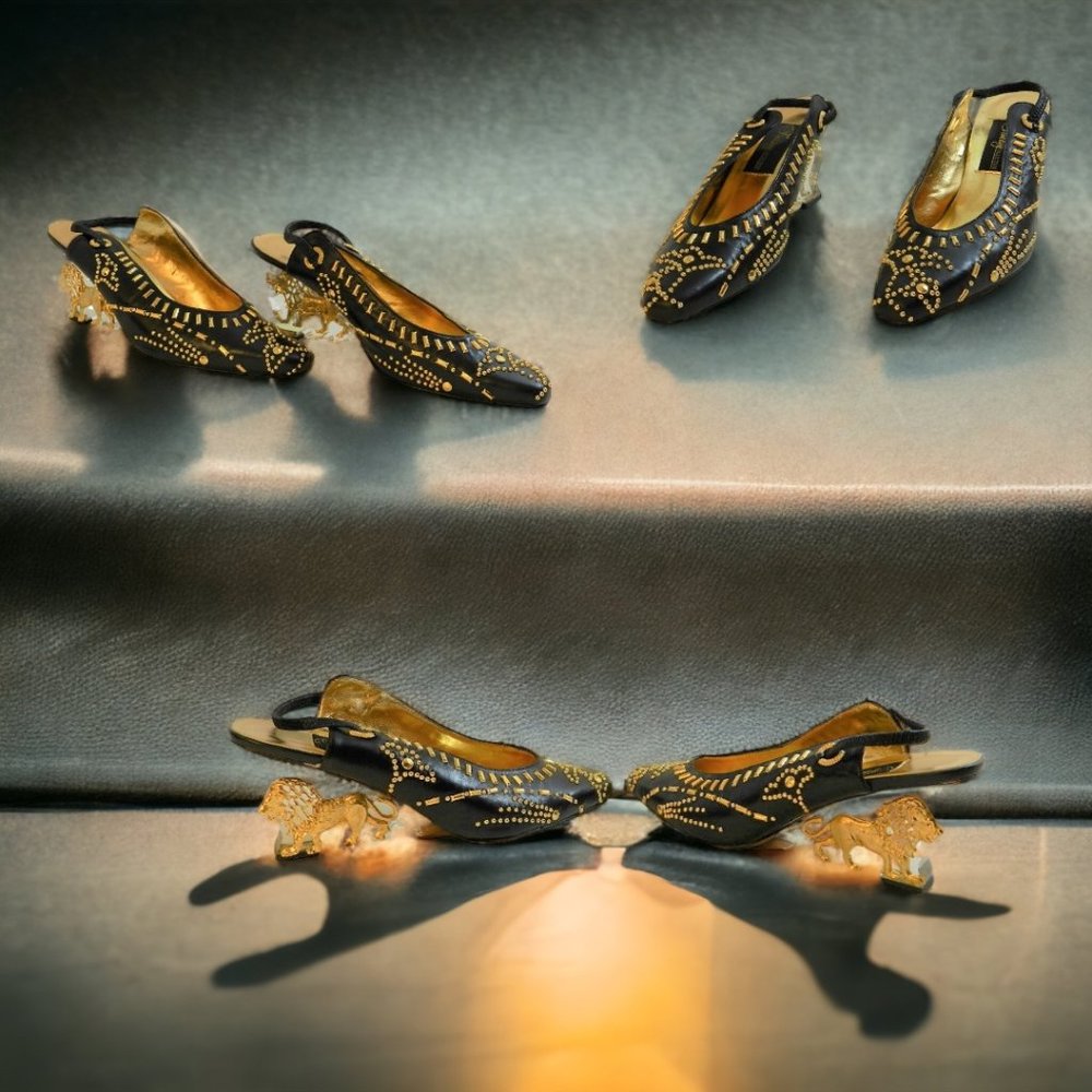 Black with Gold Nail Head Sling back w/Lucite Lion heel